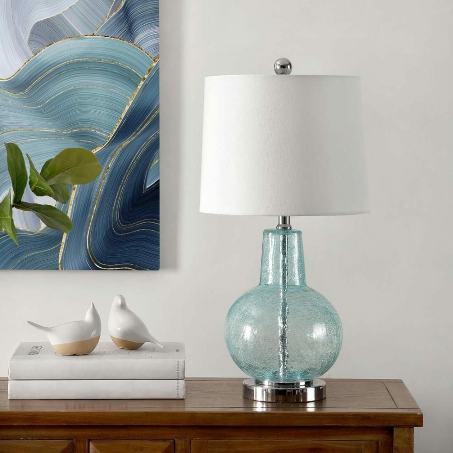 Lamps * | Atlas 24 In. Blue Crackle Table Lamp With Light Gray Shade By Safavieh