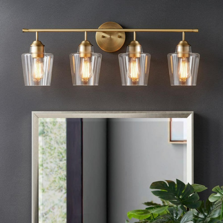 Vanity Lighting * | 30.25 In. 4-Light Antique Brass Vanity Light With Clear Glass Shade By Kawoti