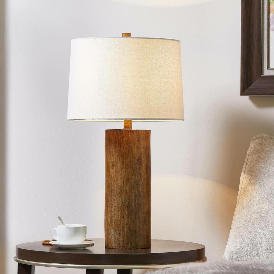 Lamps * | 25 In. Cylinder Polyresin Table Lamp In Walnut Wood Finish By Kawoti