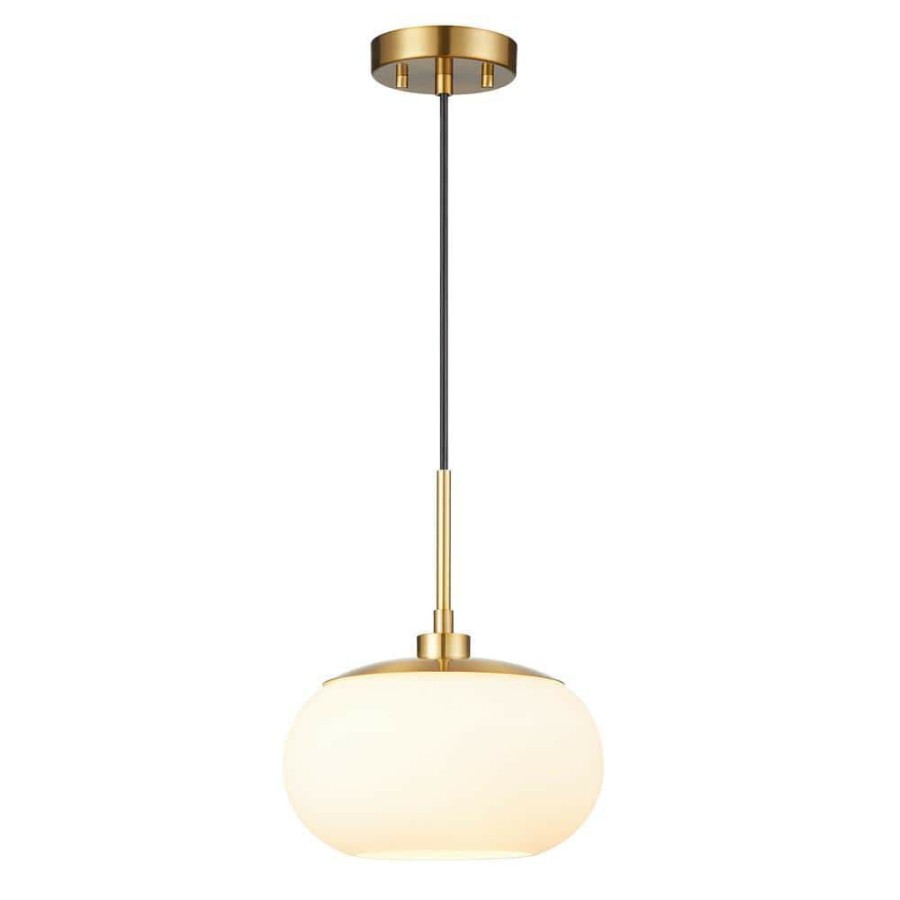 Chandeliers * | 1-Light Opal Glass Pendant Light In Antique Brass Finish By Kawoti