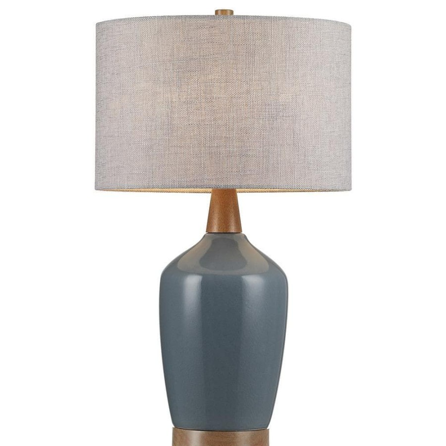 Lamps * | 22 .5 In. Ceramic Table Lamp In Brilliant Blue With Walnut Wood Decorates By Kawoti