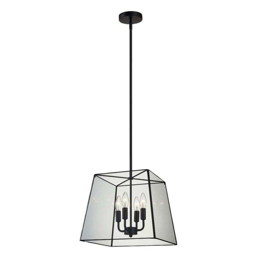 Chandeliers * | 4-Light Matte Black Square Lantern Chandelier Pendant Light With Tempered Glass Panes By Kawoti