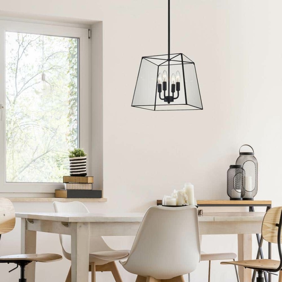 Chandeliers * | 4-Light Matte Black Square Lantern Chandelier Pendant Light With Tempered Glass Panes By Kawoti