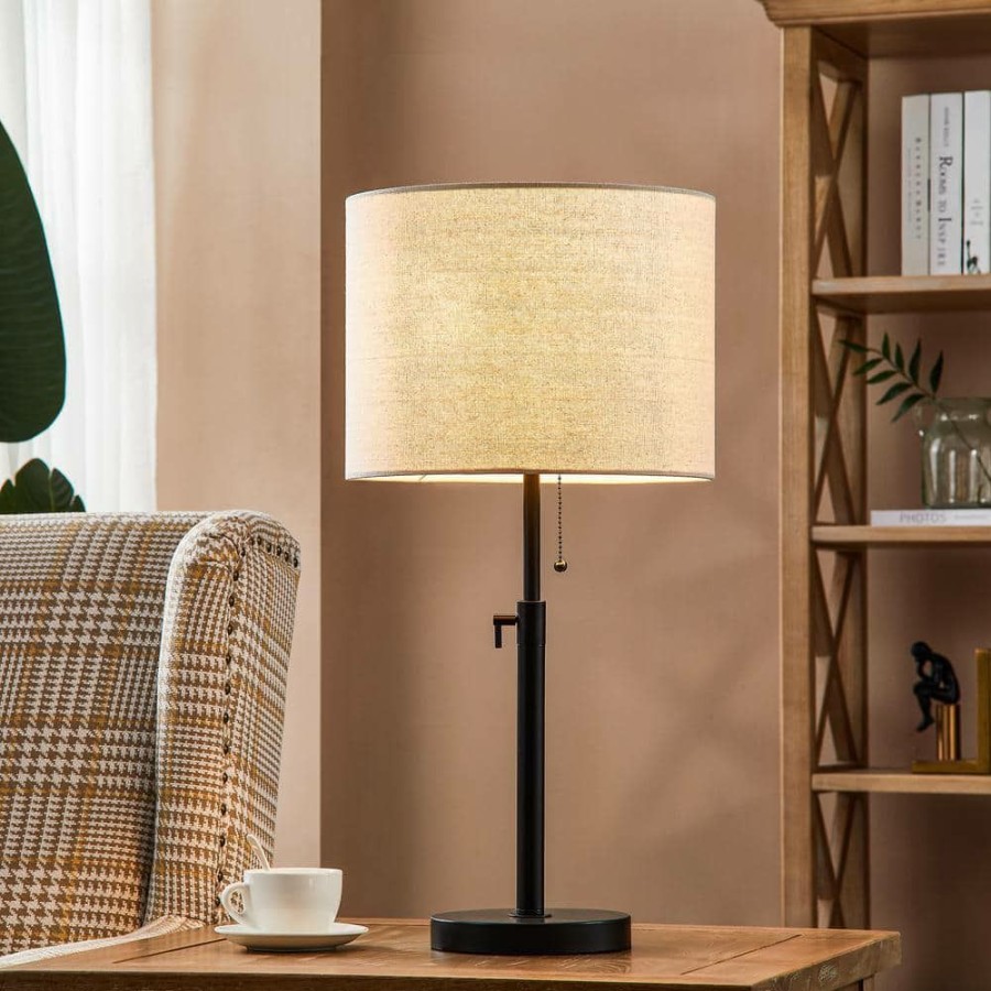 Lamps * | 25 In. Black Metal Table Lamp With Beige Fabric Shade By Kawoti