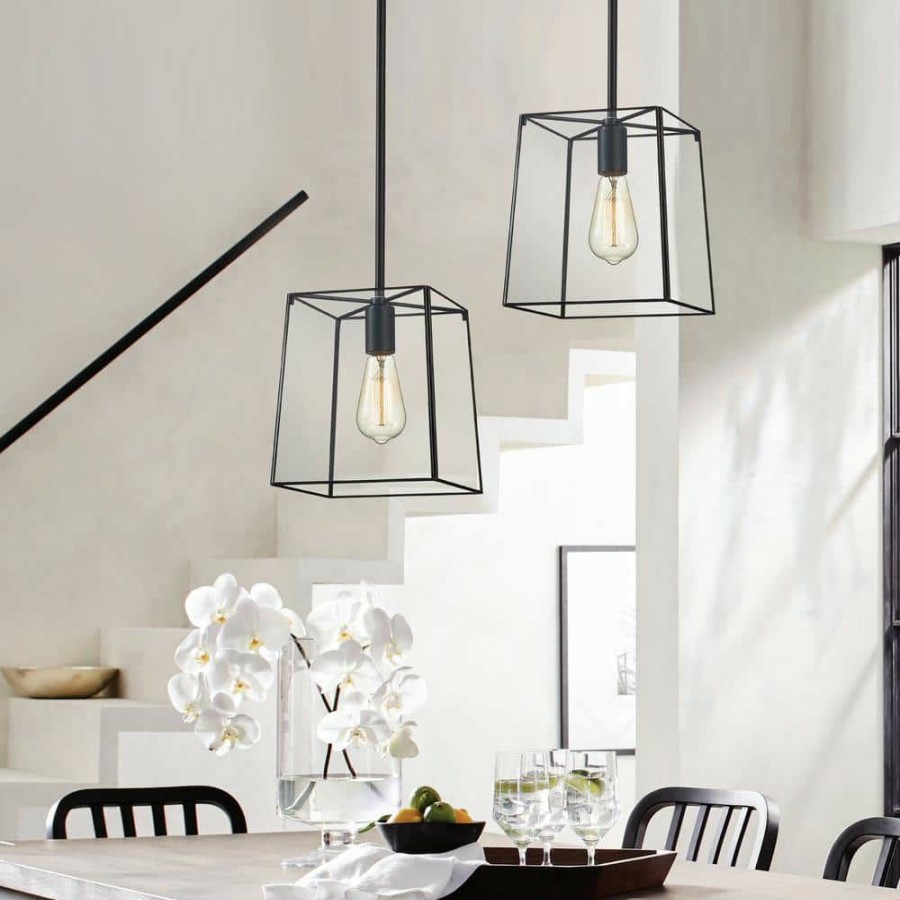 Pendant Lights * | 1-Light Matte Black Modern Mini Pendant With Tempered Glass Panes By Kawoti