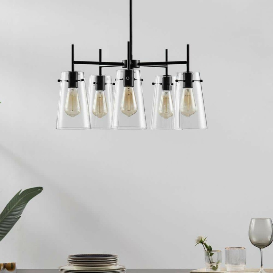 Chandeliers * | 5-Light Blackened Bronze Chandelier With Clear Glass Shade By Kawoti