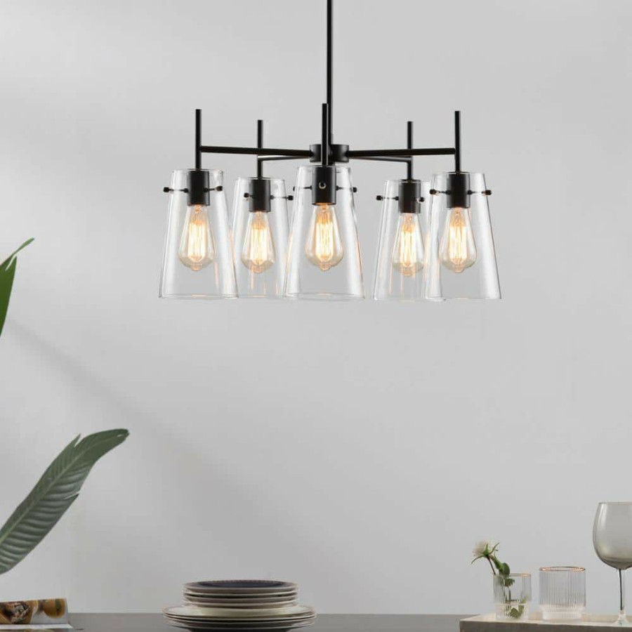 Chandeliers * | 5-Light Blackened Bronze Chandelier With Clear Glass Shade By Kawoti