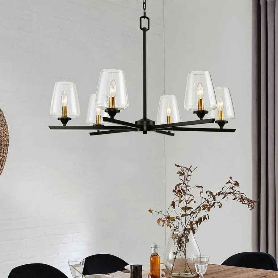 Chandeliers * | 6-Light Blackened Bronze Shaded Chandelier Light With Clear Glass Shade By Kawoti