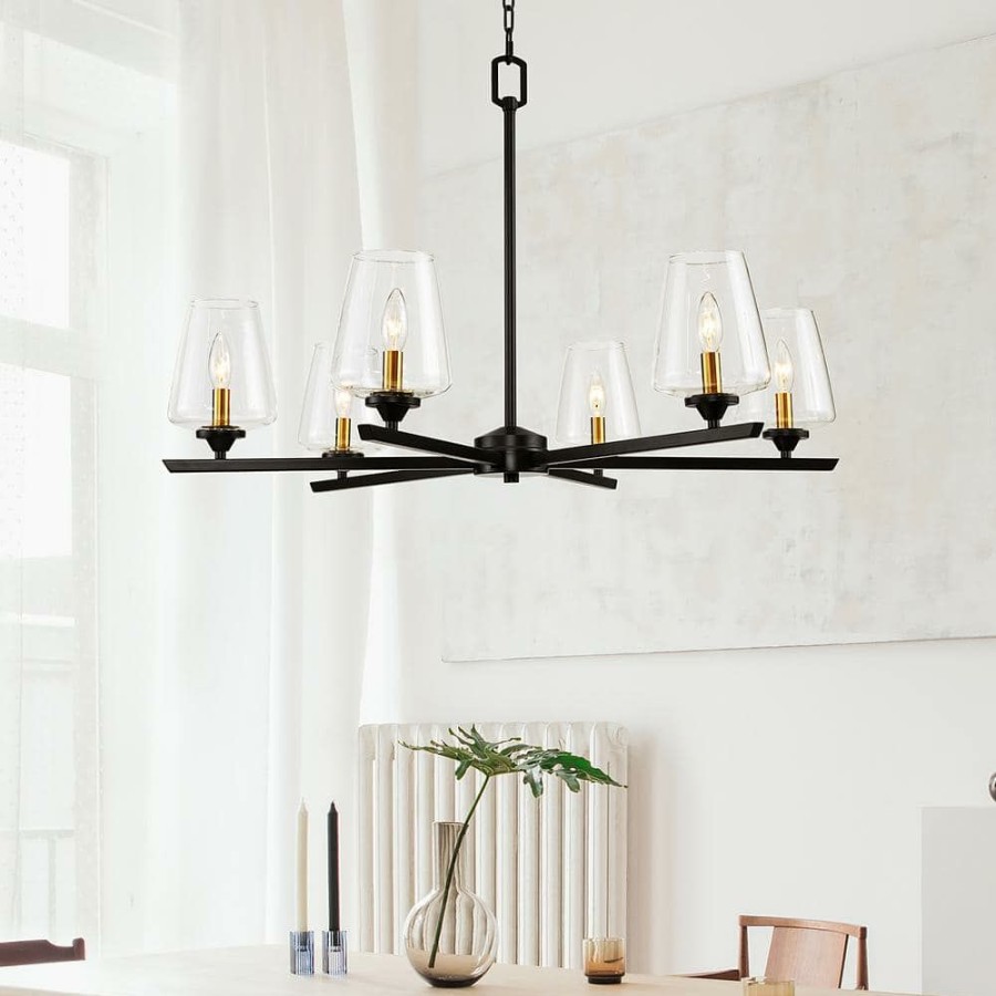 Chandeliers * | 6-Light Blackened Bronze Shaded Chandelier Light With Clear Glass Shade By Kawoti