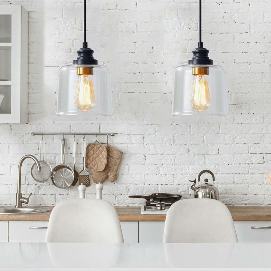 Pendant Lights * | 7 In. 1-Light Standard Bronze Mini Pendant Light With Drum Glass Shade By Kawoti