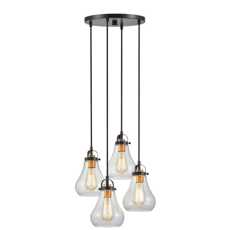 Chandeliers * | 16.5 In. 4-Light Bronze Cluster Pendant With Teardrop Glass Shade By Kawoti