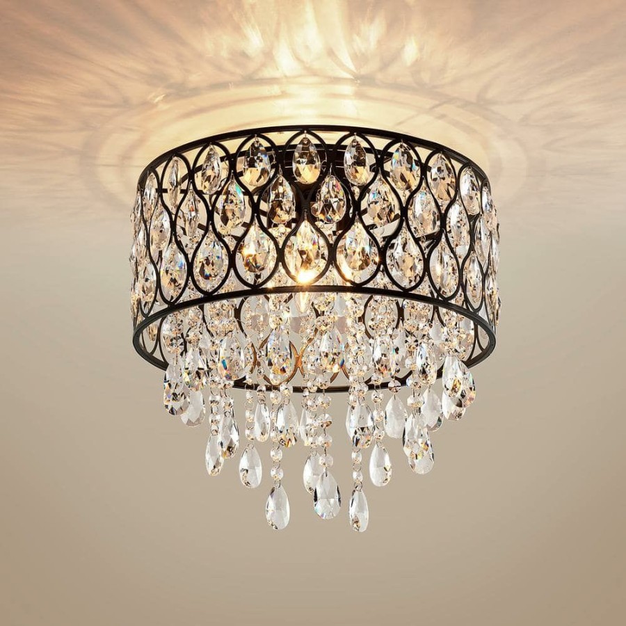 Flush Mount Lights * | 15 In. 3-Light Blackened Bronze Crystal Drum Flush Mount By Kawoti