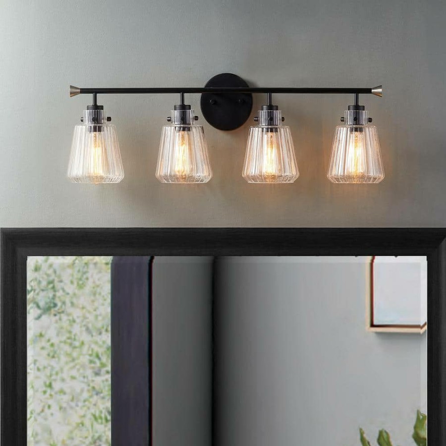 Vanity Lighting * | 30.25 In. 4-Light Matte Black Vanity Light With Rippled Glass Shade By Kawoti