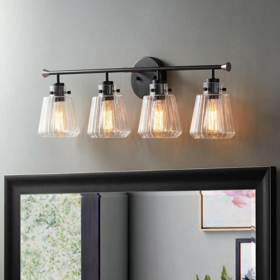 Vanity Lighting * | 30.25 In. 4-Light Matte Black Vanity Light With Rippled Glass Shade By Kawoti