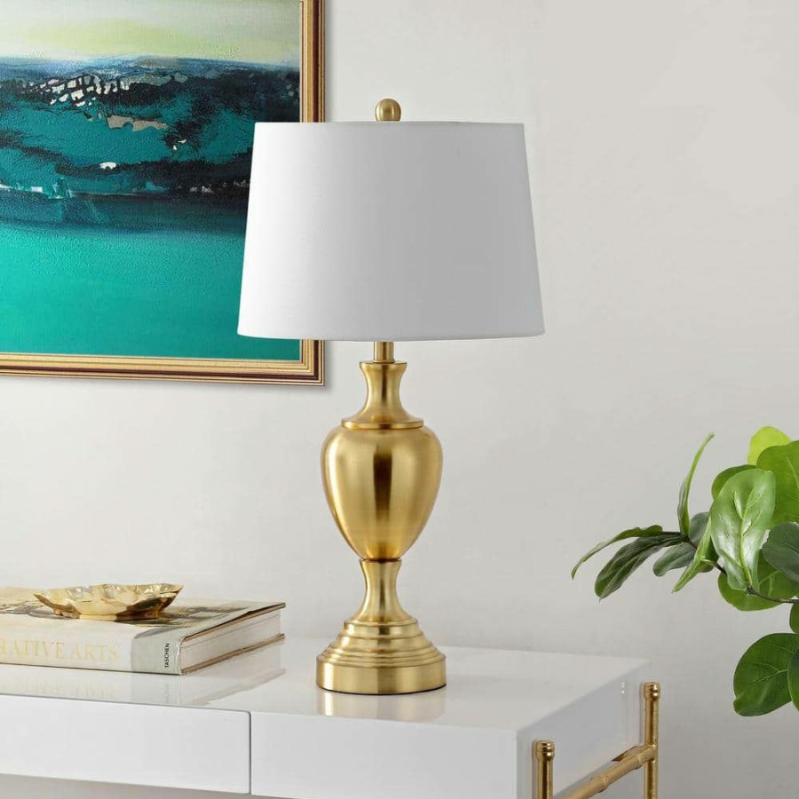 Lamps * | Poppy 28 In. Brass Table Lamp With White Shade By Safavieh