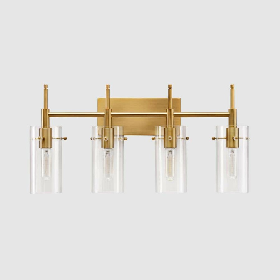 Vanity Lighting * | 27.5 In. 4-Light Antique Brass Cylindrical Vanity Light With Clear Glass Shade By Kawoti