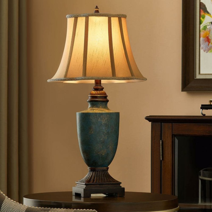 Lamps * | 27.5 In. Mermaid Teal Green Table Lamp With Bell Fabric Shade By Kawoti