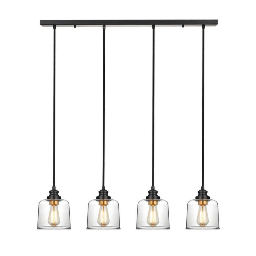 Chandeliers * | 37 In. 4-Light Bronze Farmhouse Kitchen Island Pendant Light With Drum Glass Shade By Kawoti