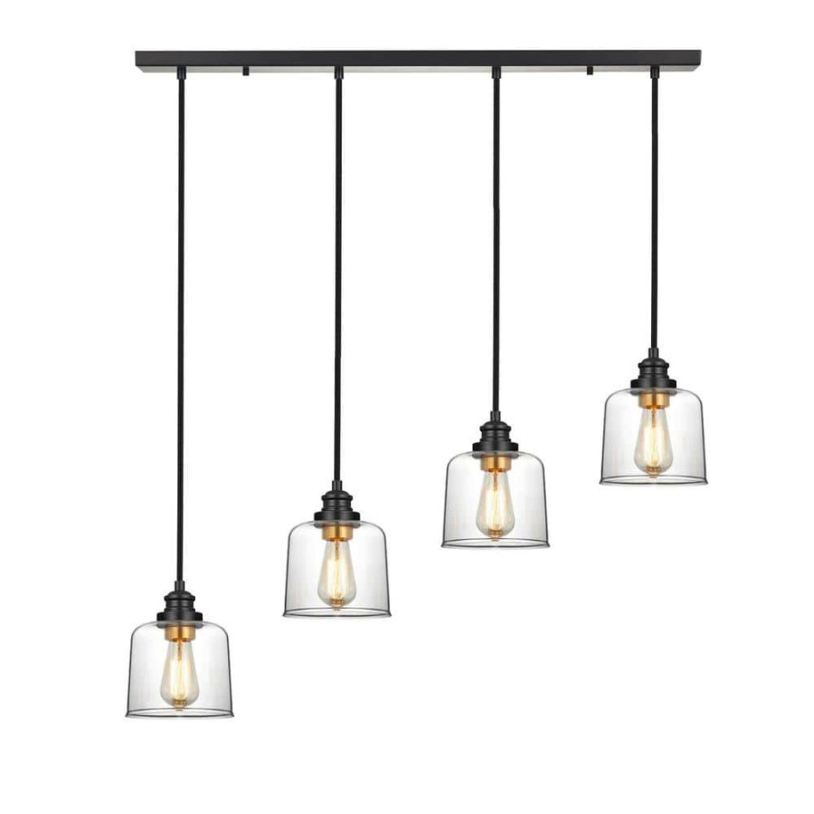 Chandeliers * | 37 In. 4-Light Bronze Farmhouse Kitchen Island Pendant Light With Drum Glass Shade By Kawoti