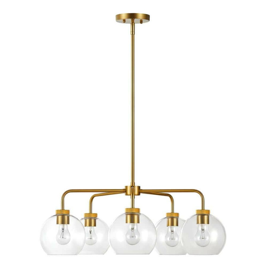 Chandeliers * | 27.75 In. 5-Light Antique Brass Shaded Chandelier With Bubble Glass Shade By Kawoti