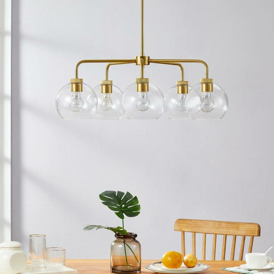 Chandeliers * | 27.75 In. 5-Light Antique Brass Shaded Chandelier With Bubble Glass Shade By Kawoti