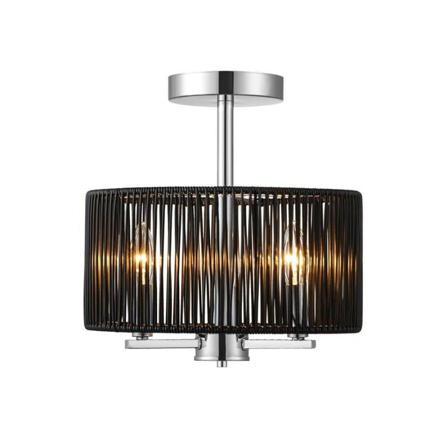 Flush Mount Lights * | 3-Light Polished Chrome Semi-Flush Mount Ceiling Light With Black Rattan Shade By Kawoti