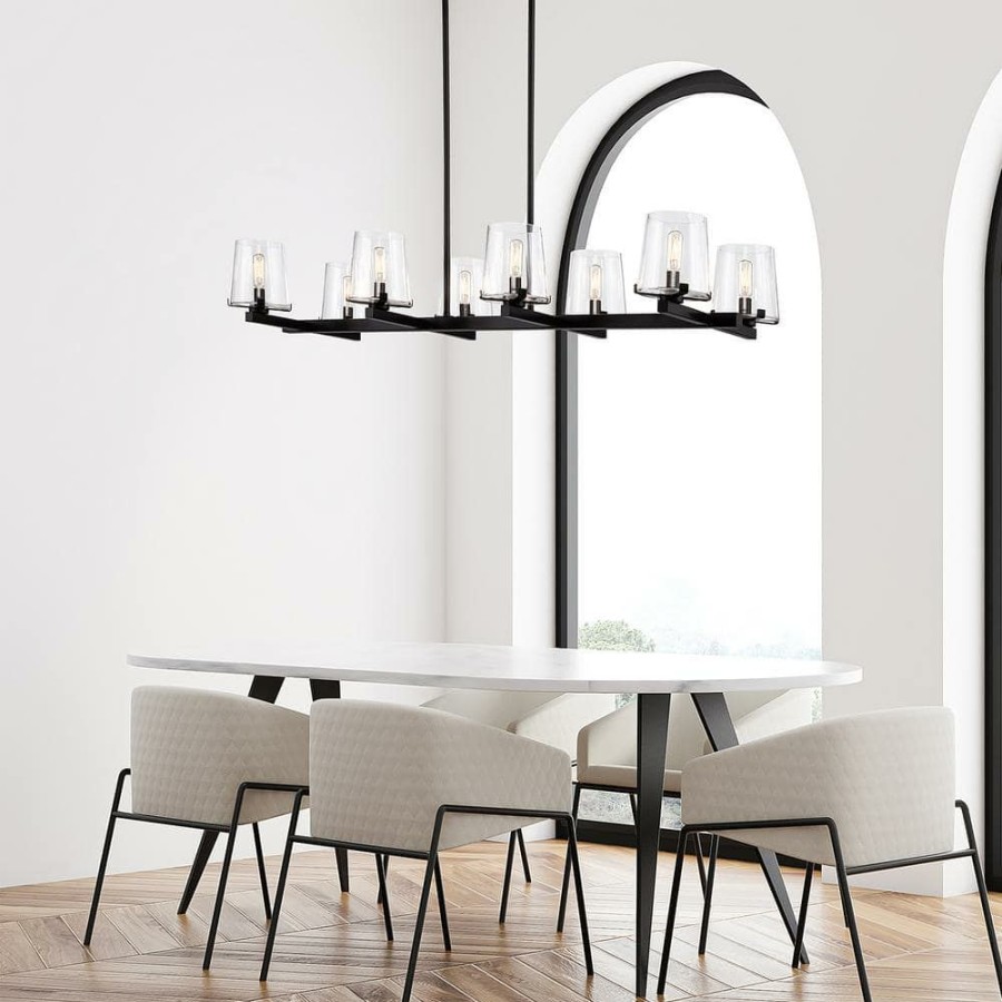 Chandeliers * | 8-Light Blackened Bronze Kitchen Island Linear Pendant With Glass Shade By Kawoti