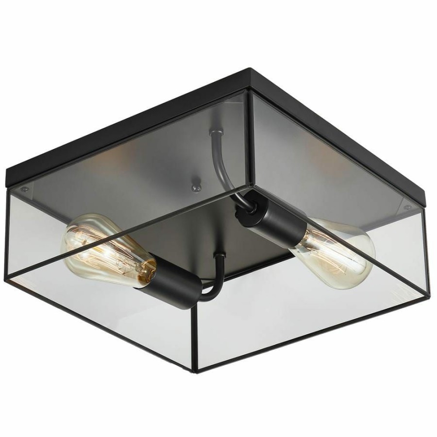 Flush Mount Lights * | 12 In. 2-Light Matte Black Farmhouse Open Cage Flush Mount Ceiling Light By Kawoti