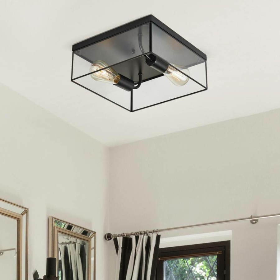 Flush Mount Lights * | 12 In. 2-Light Matte Black Farmhouse Open Cage Flush Mount Ceiling Light By Kawoti