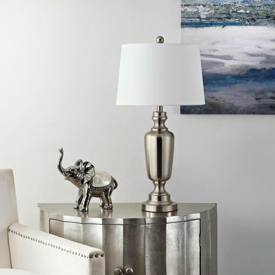 Lamps * | Ezra 28 In. Nickel Table Lamp With White Shade By Safavieh