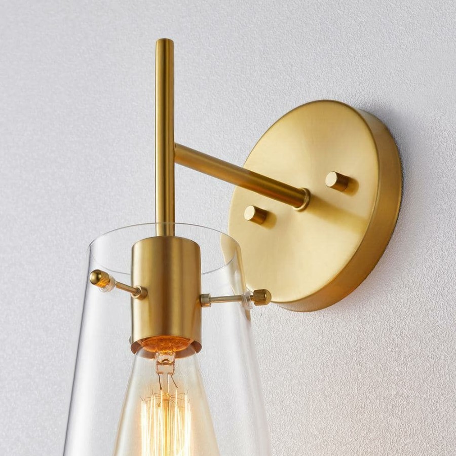 Vanity Lighting * | 1-Light Antique Brass Armed Sconce With Cone Glass Shade By Kawoti