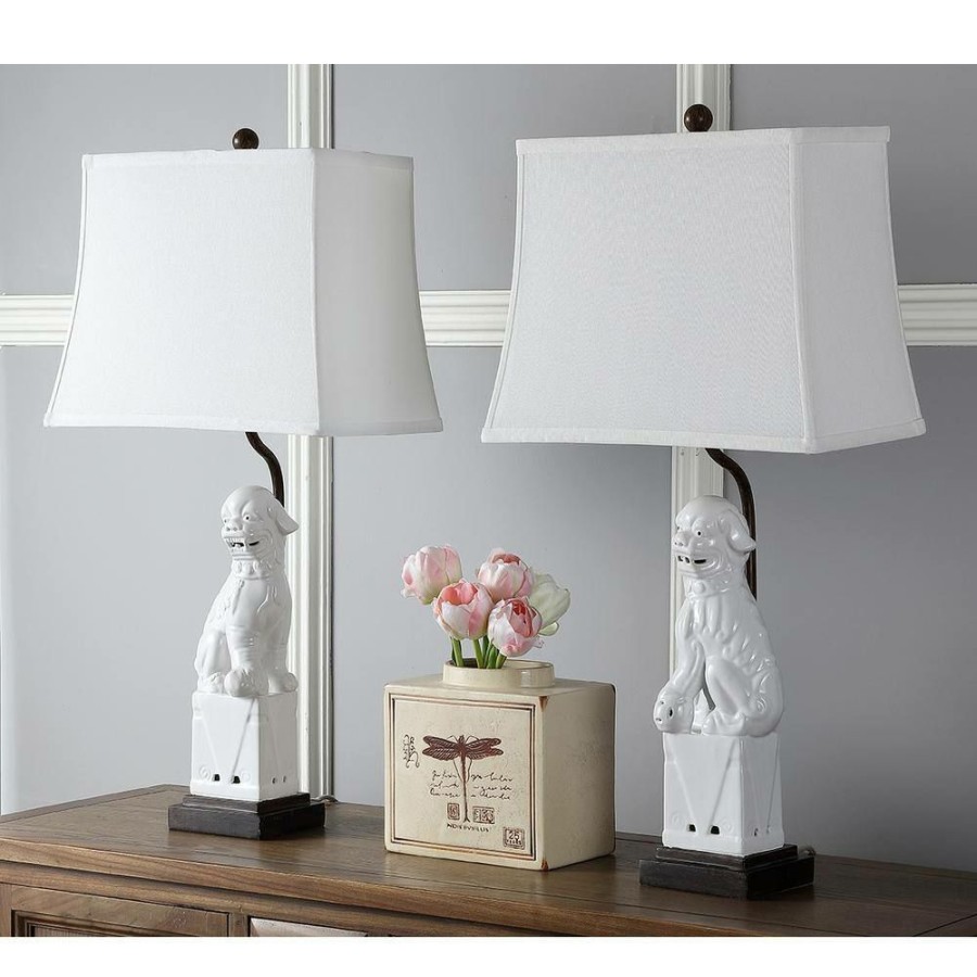 Lamps * | Foo 28 In. White Dog Table Lamp With White Shade (Set Of 2) By Safavieh