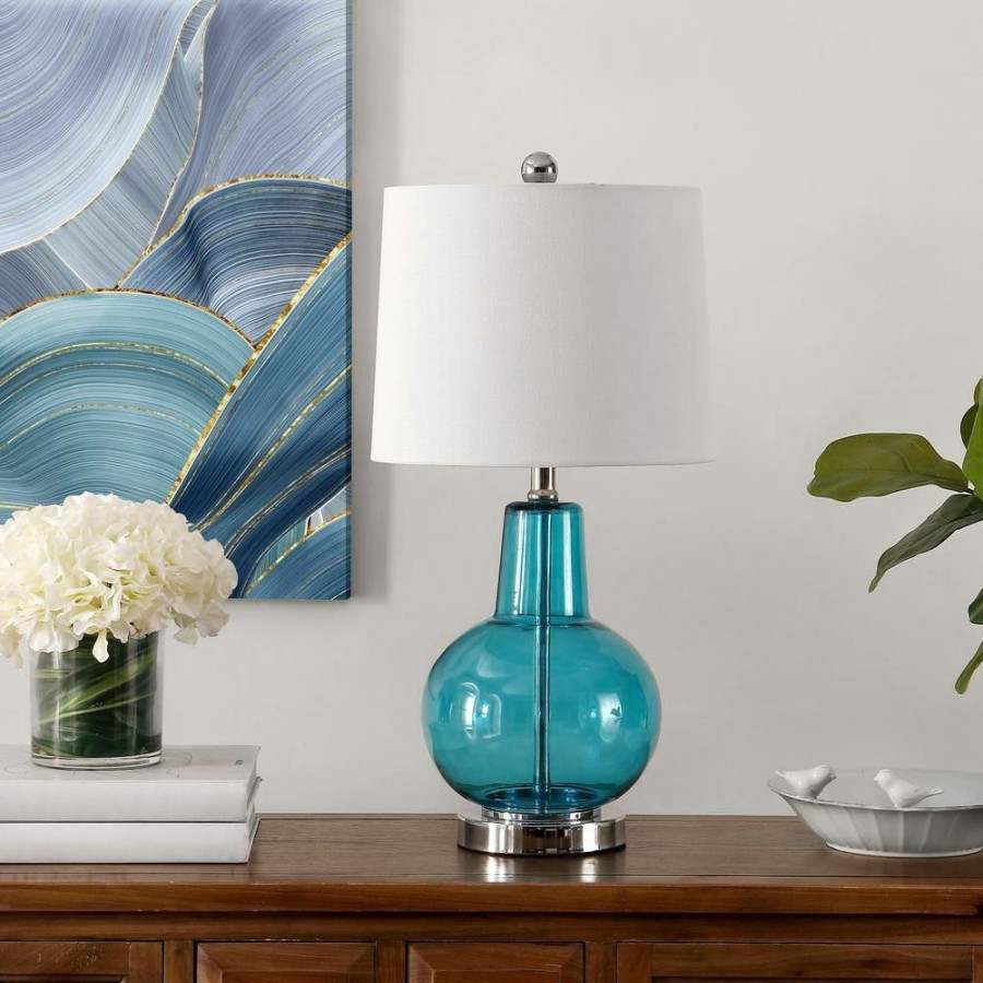 Lamps * | Atlas 24 In. Morocco Blue Table Lamp With Light Gray Shade By Safavieh