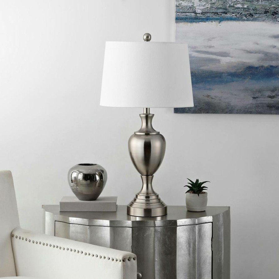 Lamps * | Poppy 28 In. Nickel Table Lamp With White Shade By Safavieh