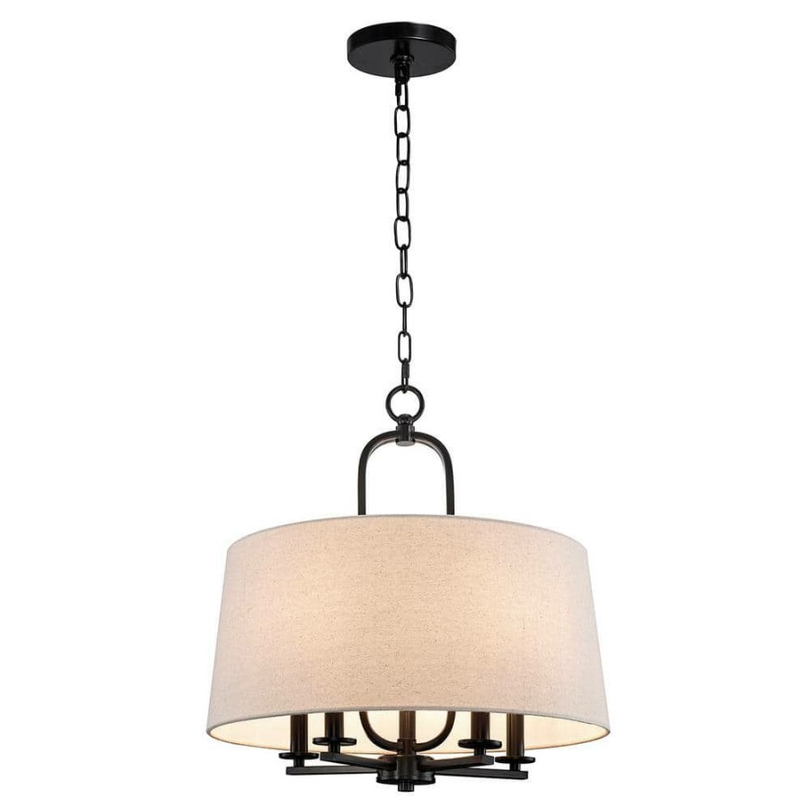 Chandeliers * | 19 In. 5-Light Blackened Bronze Drum Chandelier With Fabric Shade By Kawoti