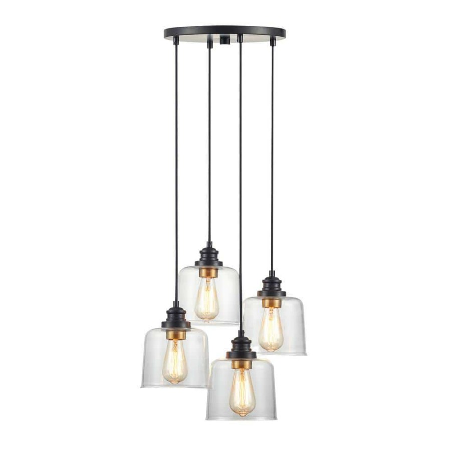 Chandeliers * | 17 In. 4-Lights Bronze Cluster Pendant With Drum Glass Shade By Kawoti