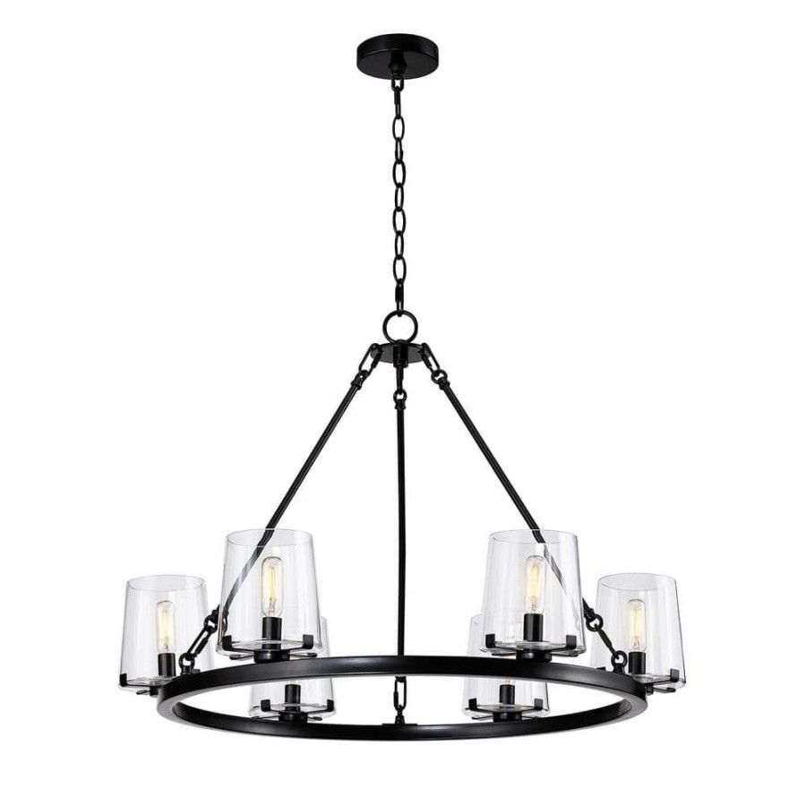 Chandeliers * | 6-Light 28.5 In. Wagon Wheel Chandelier With Glass Shade By Kawoti