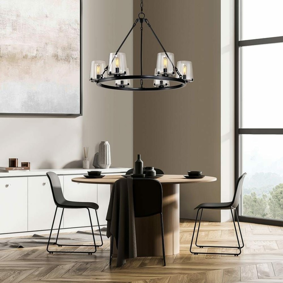 Chandeliers * | 6-Light 28.5 In. Wagon Wheel Chandelier With Glass Shade By Kawoti