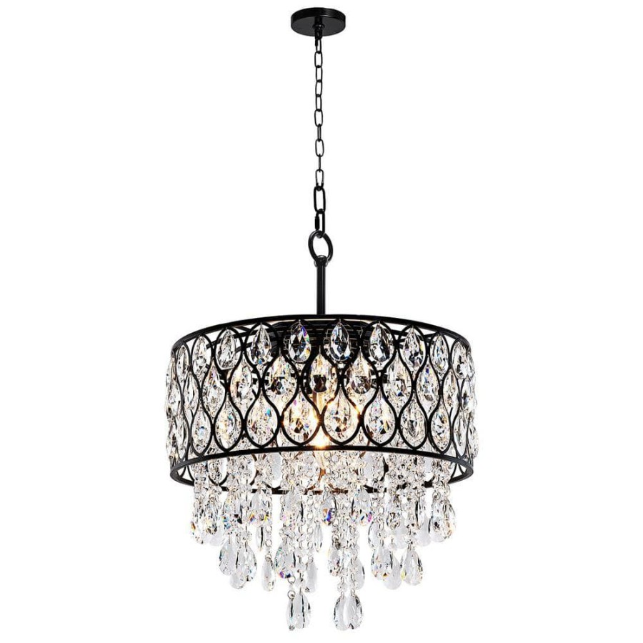 Pendant Lights * | 17 In. 5-Light Matte Black Crystal Drum Shape Pendant Light By Kawoti