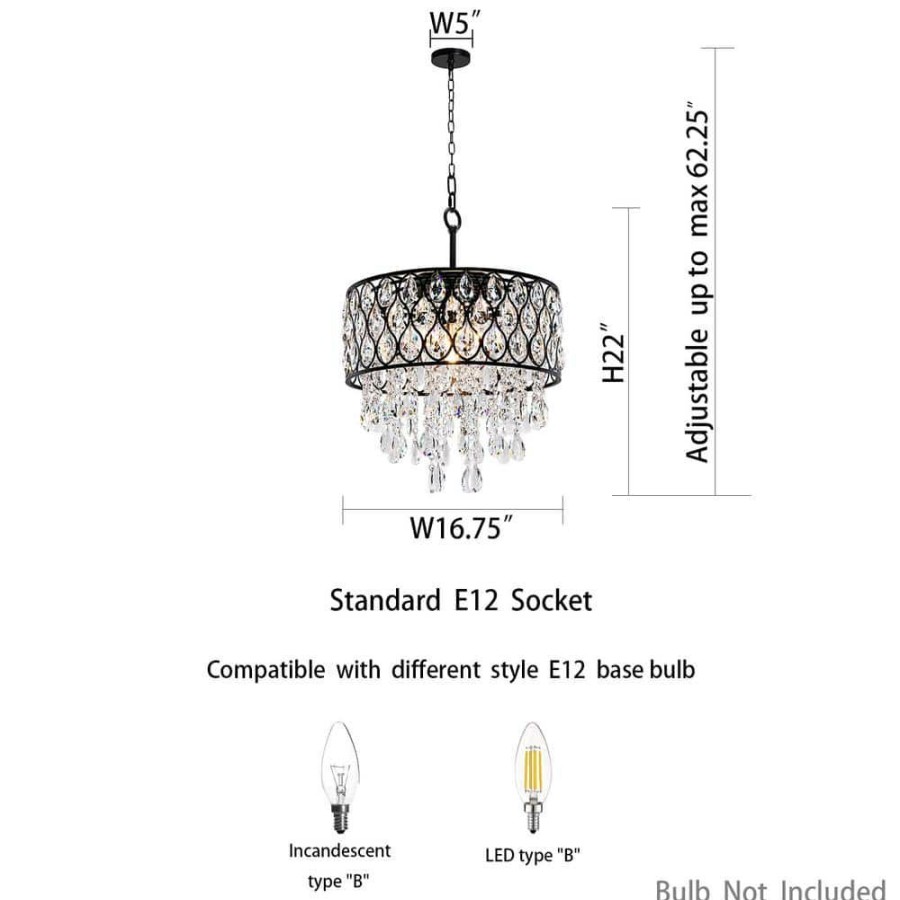 Pendant Lights * | 17 In. 5-Light Matte Black Crystal Drum Shape Pendant Light By Kawoti