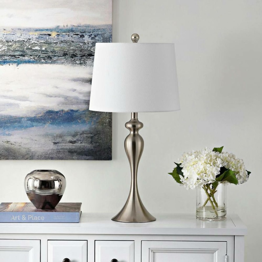 Lamps * | Bayan 28 In. Nickel Table Lamp With White Shade By Safavieh