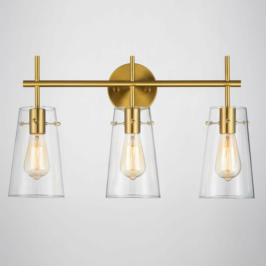 Vanity Lighting * | 24 In. 3-Light Antique Brass Vanity Light With Clear Glass Shade By Kawoti