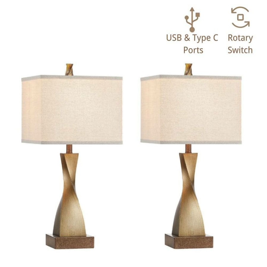 Lamps * | 22.25 In. Spiral Antique Brass Table Lamp Set With Usb Port And Type C Port (Set Of 2) By Kawoti